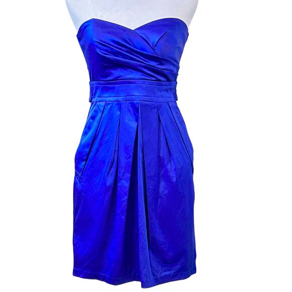 90s Style NWT Blue Mini Strapless Ruched Formal Dress Bow and Pockets Size 5 - Picture 1 of 14
